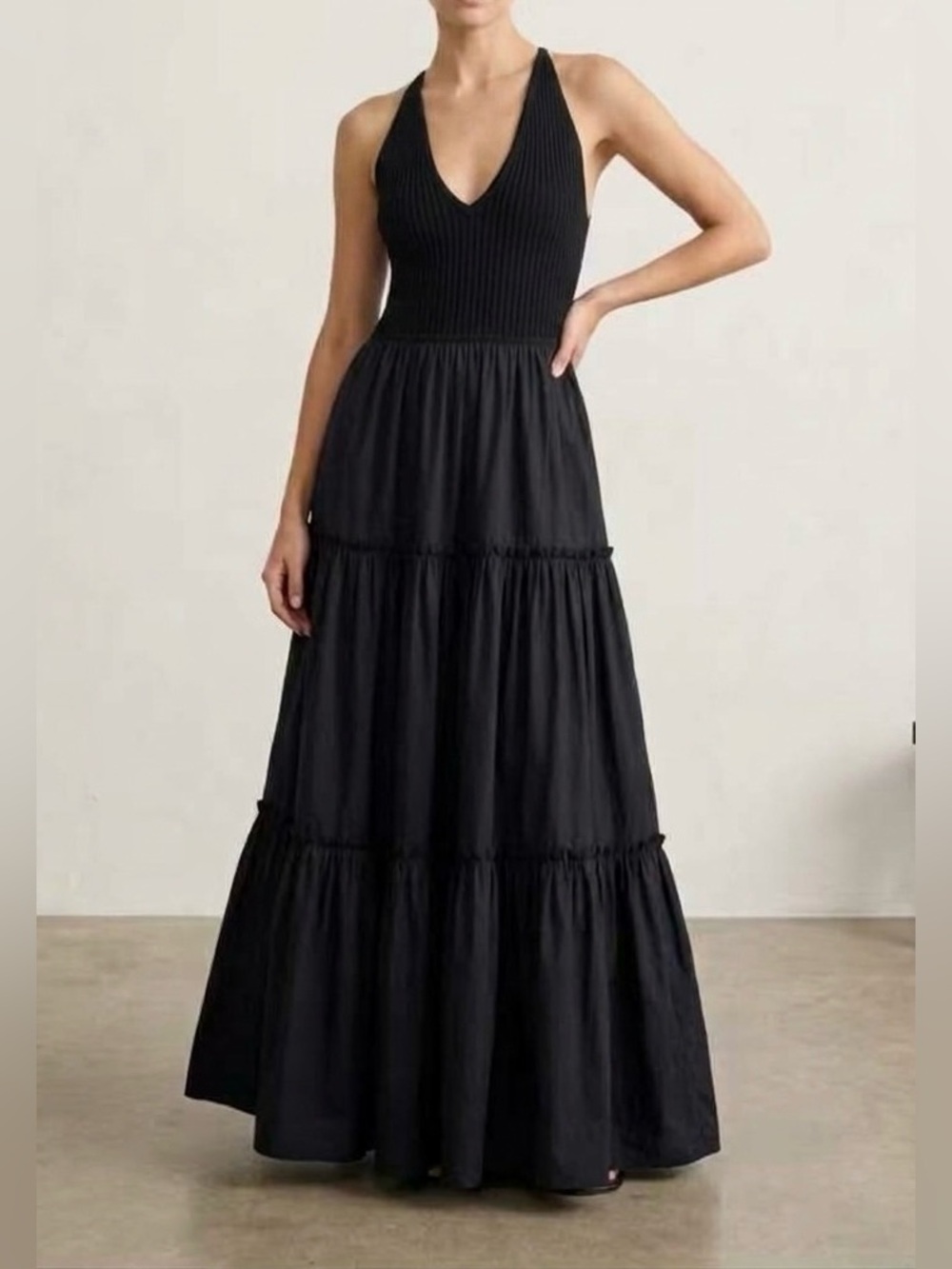 EVEREVE Arya Mixed Media Maxi Dress Black Tiered Ribbed V-Neck Size S Bohemian